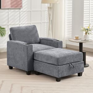 Modern Grey Chenille Storage Accent Armchair with Cup Holder and Ottoman for Living