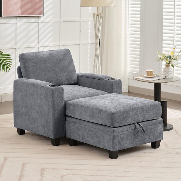 JEAREY Modern Grey Chenille Storage Accent Armchair with Cup Holder and Ottoman for Living