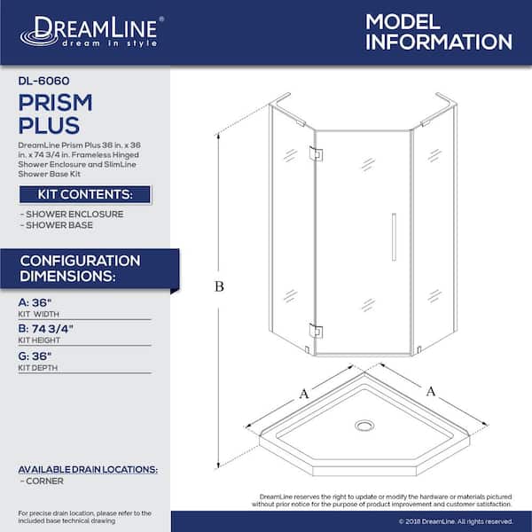 DreamLine - Prism Plus 36 in. x 36 in. x 74.75 in. Semi-Frameless Neo-Angle Hinged Shower Enclosure in Brushed Nickel with Base