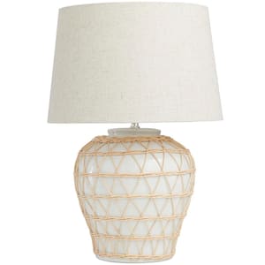 23 in. White Ceramic Woven Rattan Geometric Task and Reading Table Lamp with Linen Shade