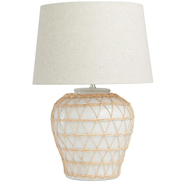 Litton Lane 23 in. White Ceramic Woven Rattan Geometric Task and Reading Table Lamp with Linen Shade
