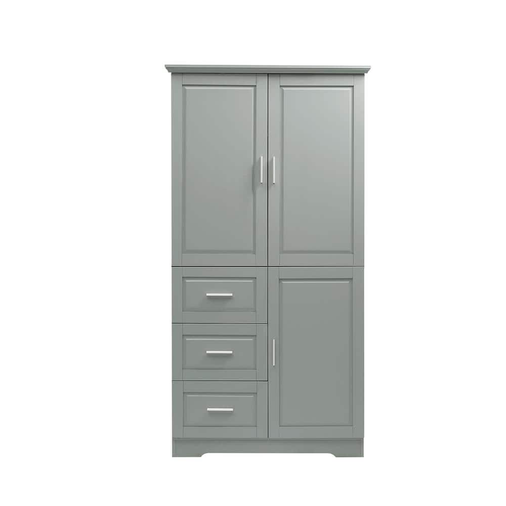 32.6 in. W x 19.6 in. D x 62.2 in. H Gray Tall and Wide Storage Cabinet Linen Cabinet with Doors and 3-Drawers