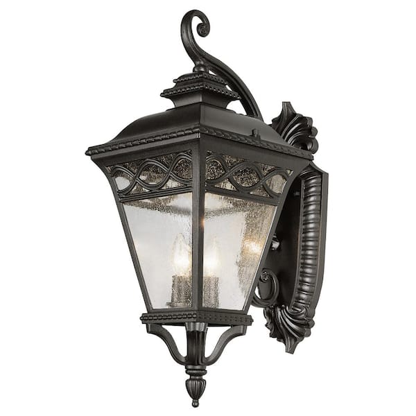 Bel Air Lighting 3-Light Black Outdoor Wall Lantern with Seeded Glass
