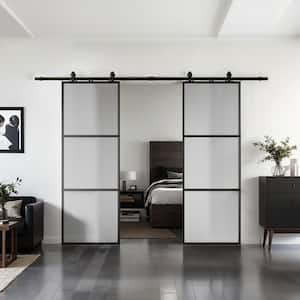 48 in. x 84 in. Full-lite Frosted Glass Black Metal Frame Double Sliding Barn Door with Hardware Kit and Soft-close