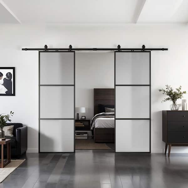 84 in. x 84 in. Full-lite Frosted Glass Black Metal Frame Double Sliding Barn Door with Hardware Kit and Soft-close