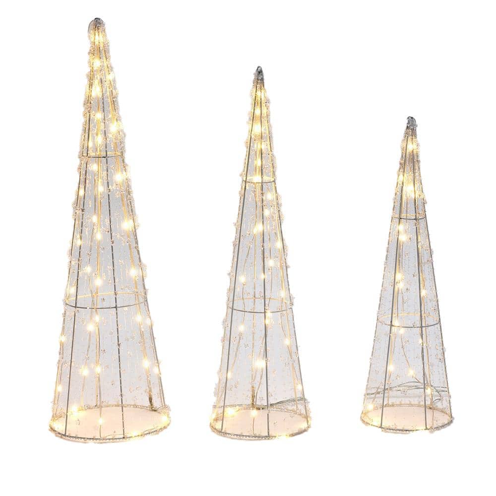 Gold Lighted Metal Cone Trees Set for Indoor and Outdoor Holiday Decoration