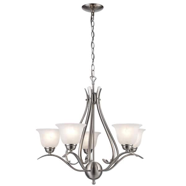 Aspen 5-Light Brushed Nickel Chandelier Light Fixture with Marbleized Glass Shades