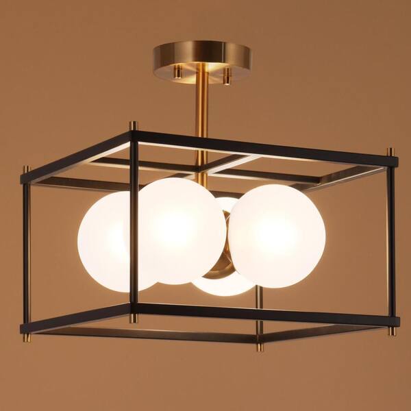 Modern 13.5 in. W 4-light Black Brass Semi-flush Mount Light with Frosted Glass, Square Ceiling Lamp for Bedroom, Foyer