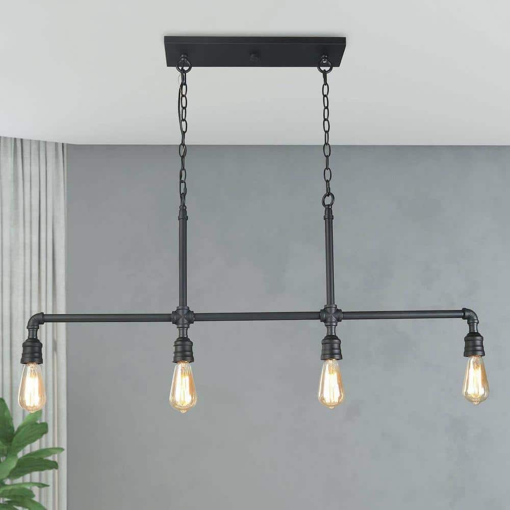Matte Black Industrial 4-Light Pipe Island Pendant