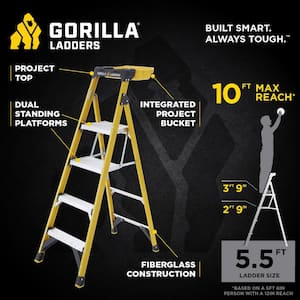 10 ft. Reach, 5.5 ft. Fiberglass Dual Platform Ladder, Removable Project Bucket, 300 lbs. Load Capacity, Slim Fold