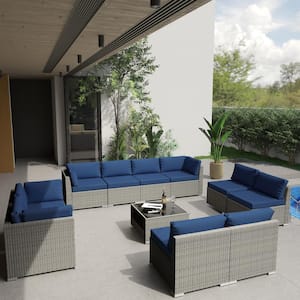 11-Piece Wicker Outdoor Patio Sectional Sofa Conversation Set with Coffee Table and Blue Cushions
