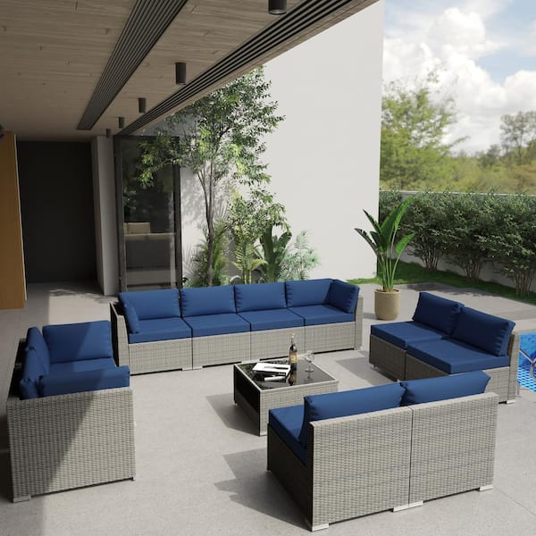 Gardenbee 11-Piece Wicker Outdoor Patio Sectional Sofa Conversation Set with Coffee Table and Blue Cushions