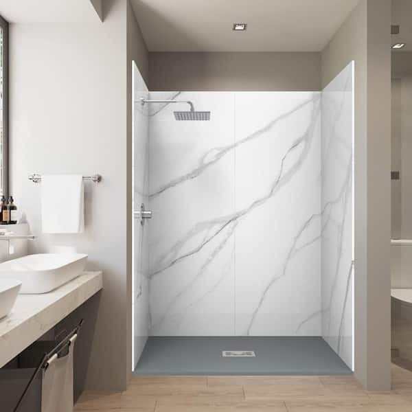 Calcutta White 32 in. x 60 in. x 84 in. Solid Composite Stone Alcove Shower Kit w/ Wall and Graphite Pan Base Cntr Drain