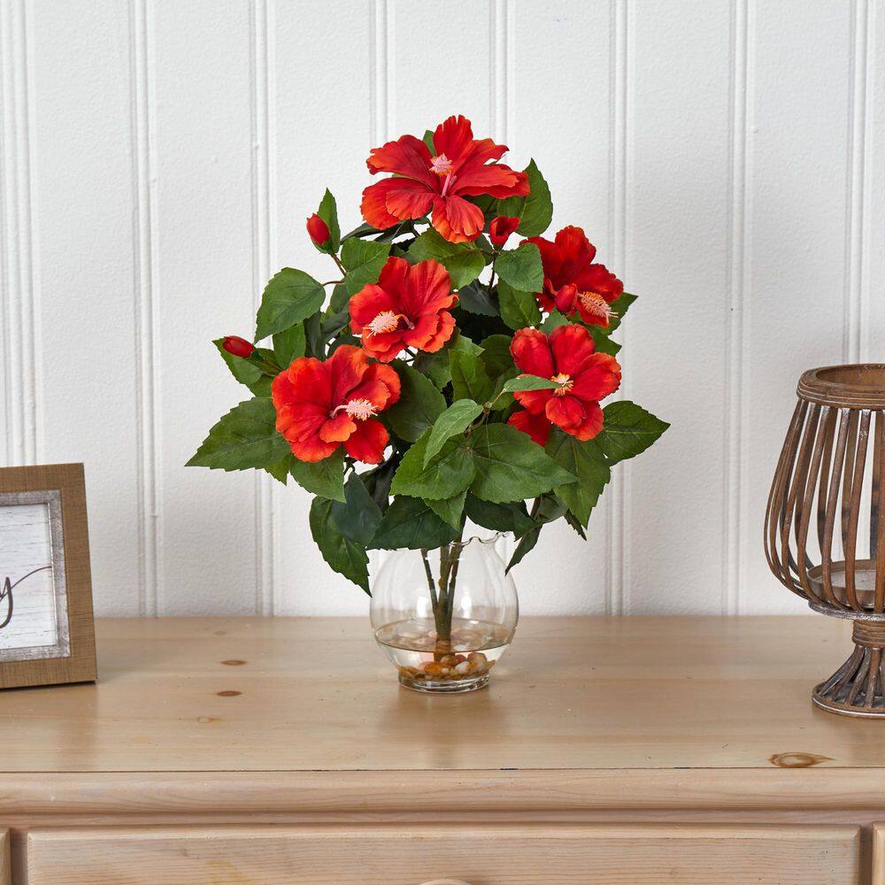 Vibrant Red Hibiscus Silk Flower Arrangement in Fluted Vase