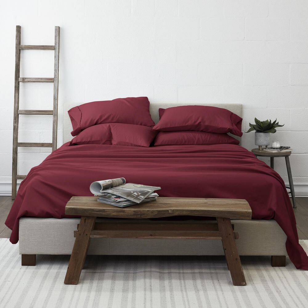 King Size Burgundy Cotton Polyester Microfiber 6-Piece Bed Sheet Set