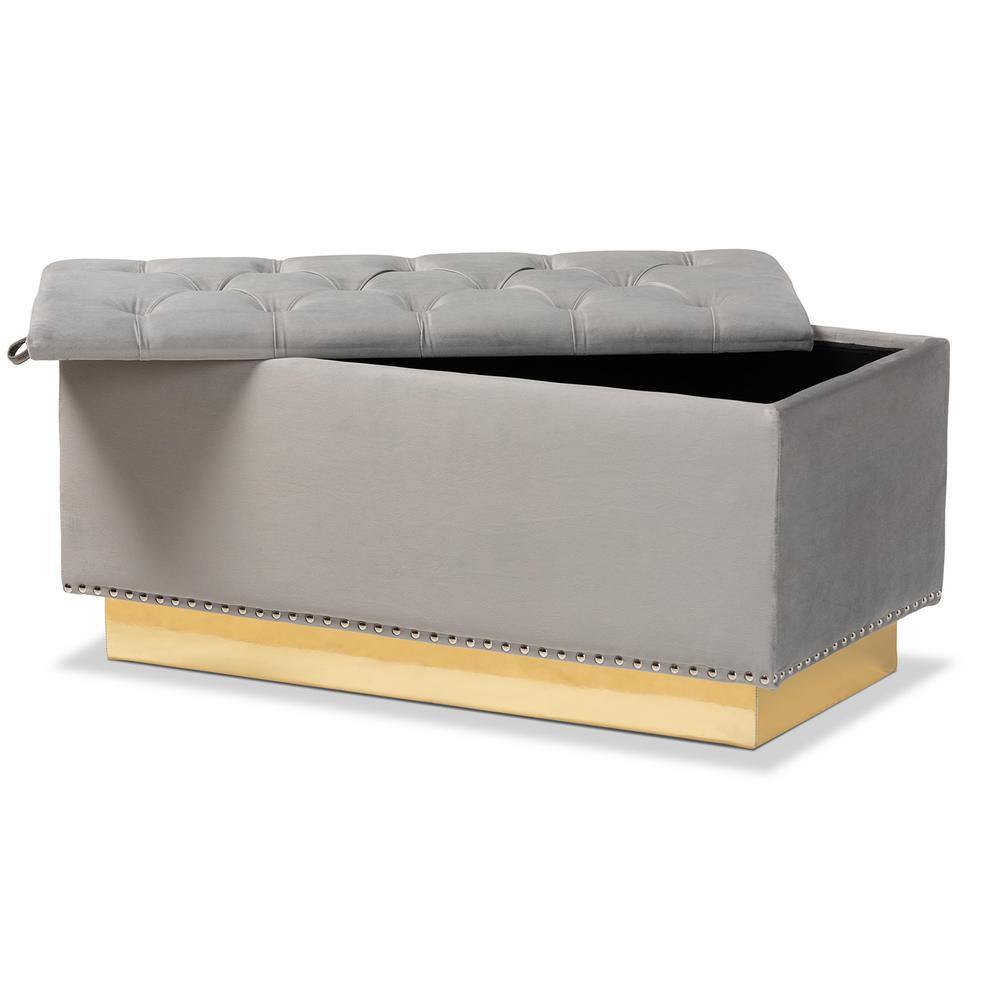 Luxurious Grey Velvet and Gold PU Leather Tufted Storage Ottoman