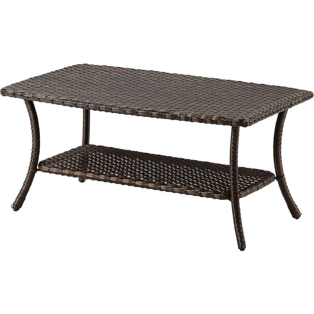 Brown Wicker Outdoor Coffee Table with 2-Tier Storage Shelf