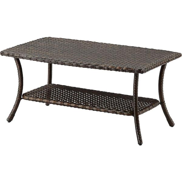Unbranded Brown Wicker Outdoor Coffee Table with 2-Tier Storage Shelf