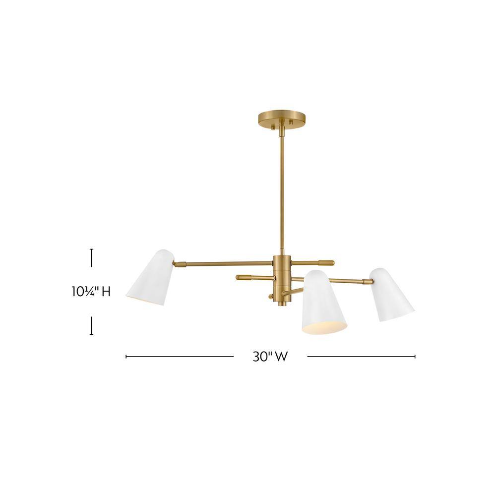 Lacquered Brass and White 30" 3-Light Chandelier