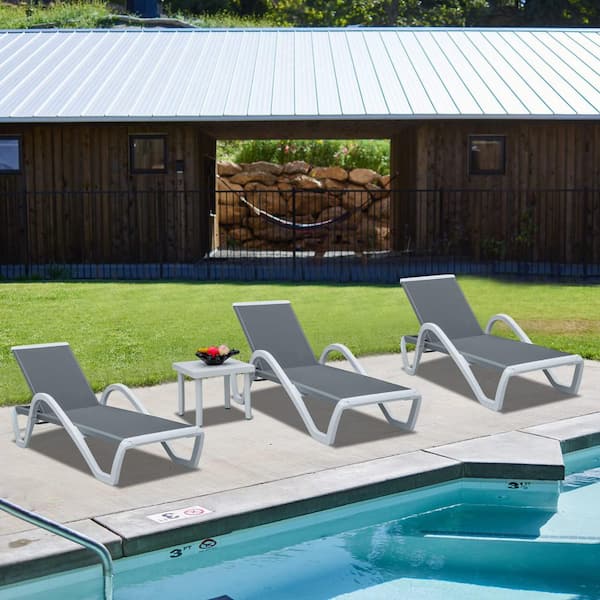 Aluminum Chaise Lounge Set with 5‑Position Recline, Armrests & Side Table Gray w/Table