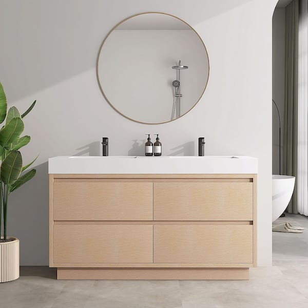 SJ STAR&JANE Cedra 59 in. Double Sink PVC Freestanding Bath Vanity in Wood Grain with Matte White Solid Surface Top