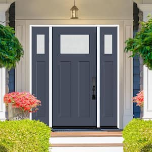 Legacy 64 in. x 80 in. 1/4 Toplite Rain Glass LHIS Primed Dark Denim Finish Fiberglass Prehung Front Door w/Dbl 12 in.SL