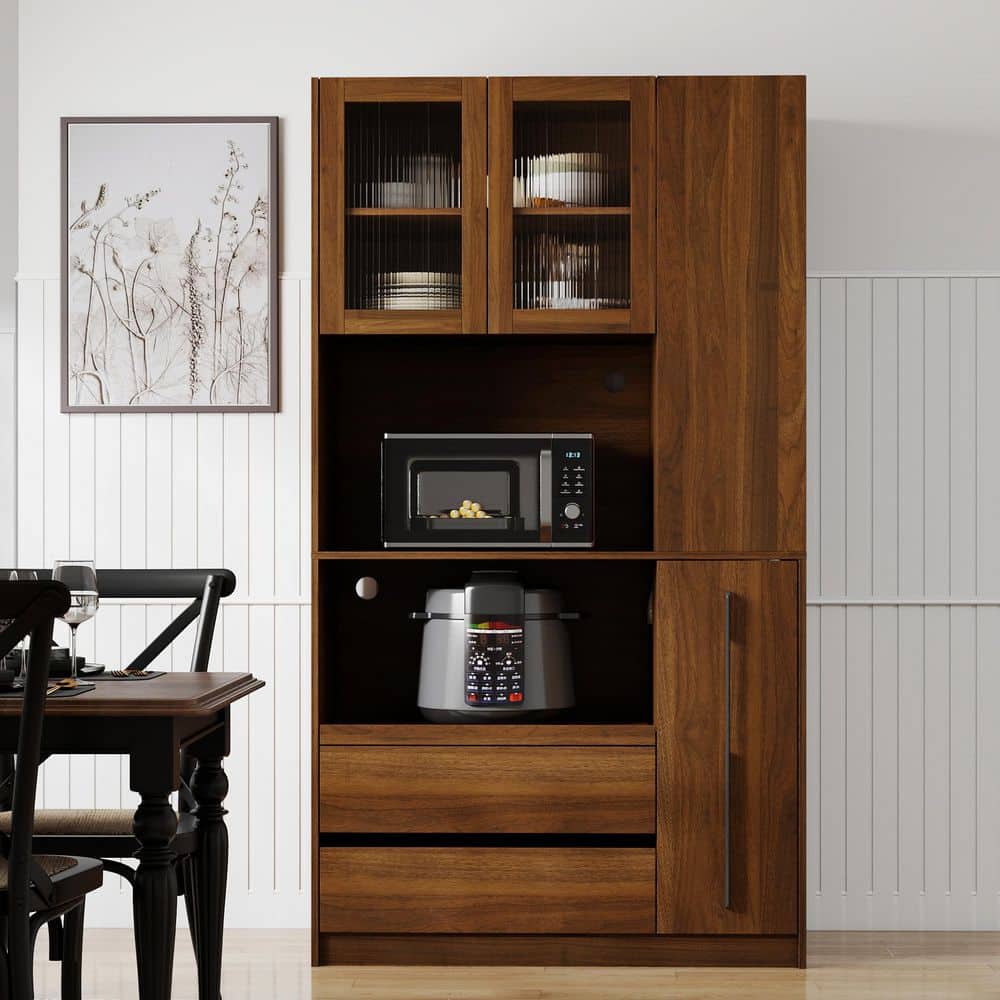 Tristan Walnut Wood 70.9 in. Kitchen Pantry Cabinet with Multi-Functional Pull-Out Multi-Tier Storage Shelf