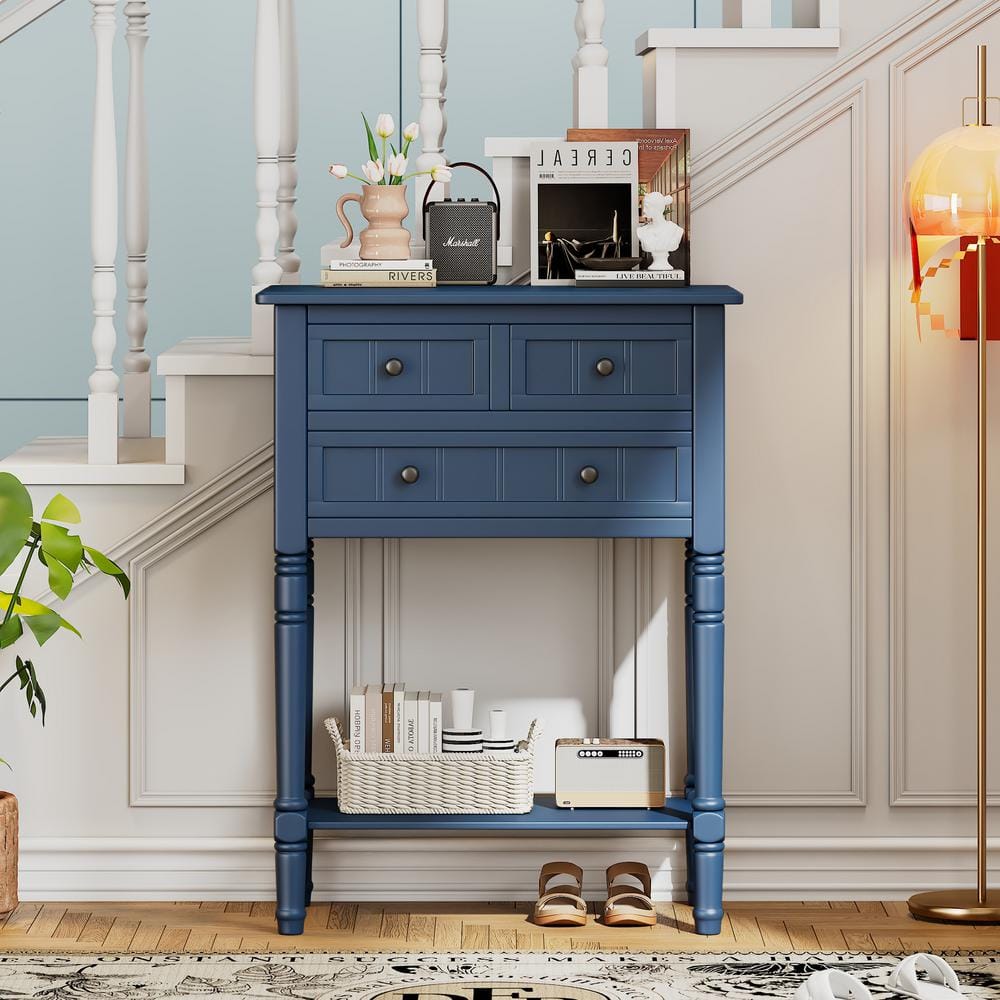 23.7 in. H Navy Rectangle Wood Console Table, Narrow End Table, Slim Sofa T