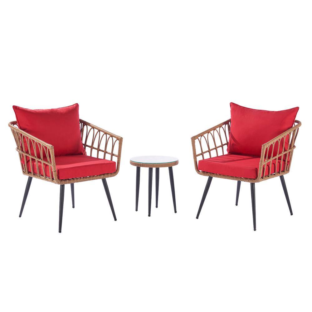 PE Wicker 3-Pieces Outdoor Bistro Set with Red Cushions, Patio Furniture Se