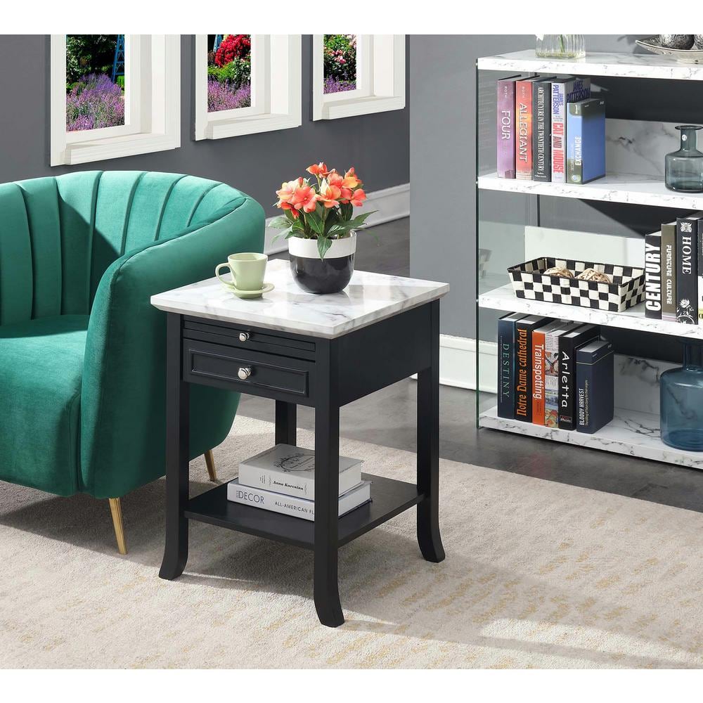 White Faux Marble and Black Wood End Table with Storage