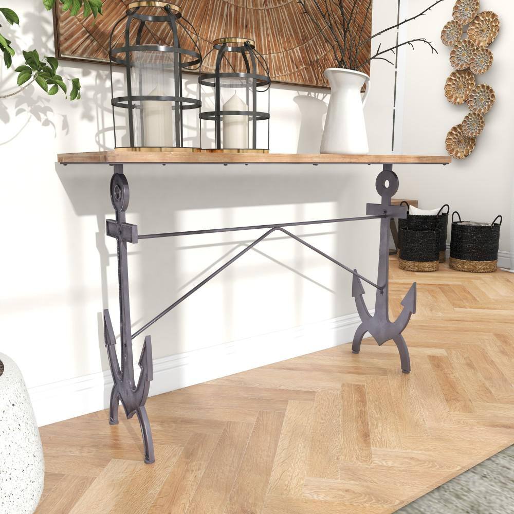 Black Solid Anchor Coastal Console Table with Brown Wood Top, 48"W x 31"H