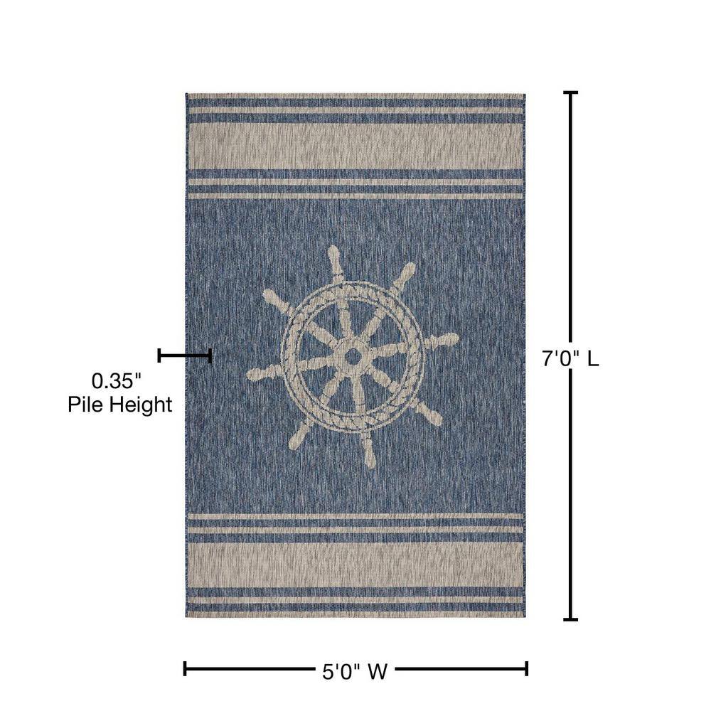 Nautical Gray and Blue Synthetic 5' x 7' Area Rug