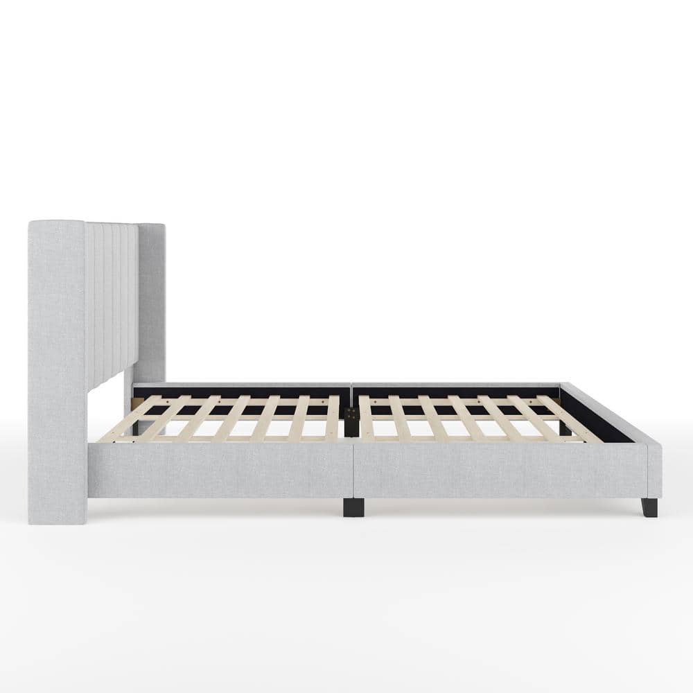 Gray King Upholstered Platform Bed with Linen Wingback Headboard