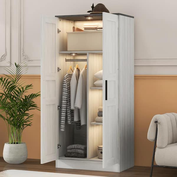 Harper & Bright Designs Gray Wooden 31.5 in. Wardrobe with LED, Hanging Rod, 4 Shelves