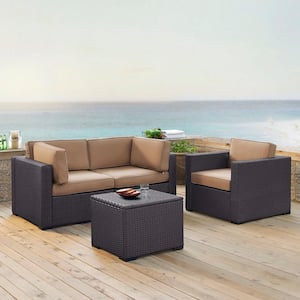Biscayne 4-Piece Wicker Outdoor Seating Set with Mocha Cushions - 2 Corner Chairs, 1 Arm Chair, 1 Coffee Table