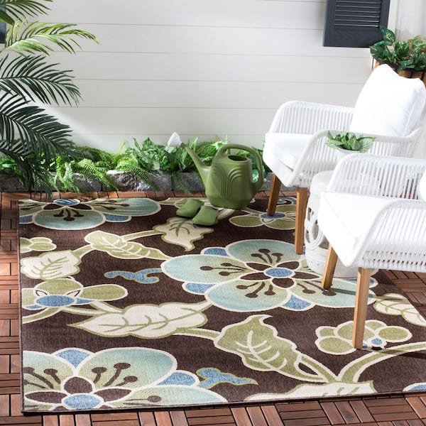 Veranda Chocolate/Aqua 7 ft. x 7 ft. Oversized Floral Indoor/Outdoor Square Area Rug