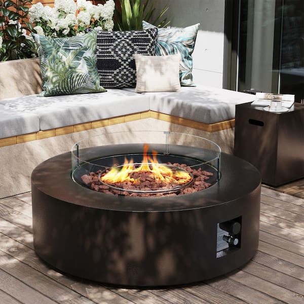 PATIOGUARDER 42 in. Round lron Outdoor Fire Pit Table with Tank Cover, Lid, Wind Guard and Rain Cover in Brown