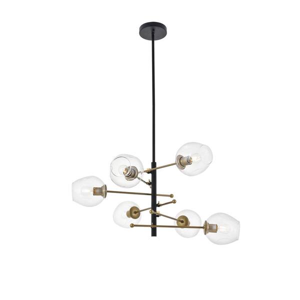 Unbranded Timeless Home Pace 32 in. W x 16.3 in. H 6-Light Matte Black and Brass and Clear Pendant