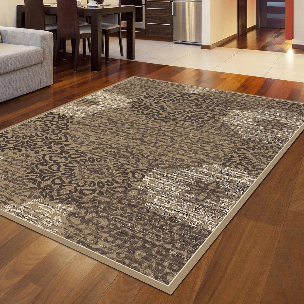 Beige Abstract Damask 7'10" x 10'6" Easy-Care Synthetic Area Rug
