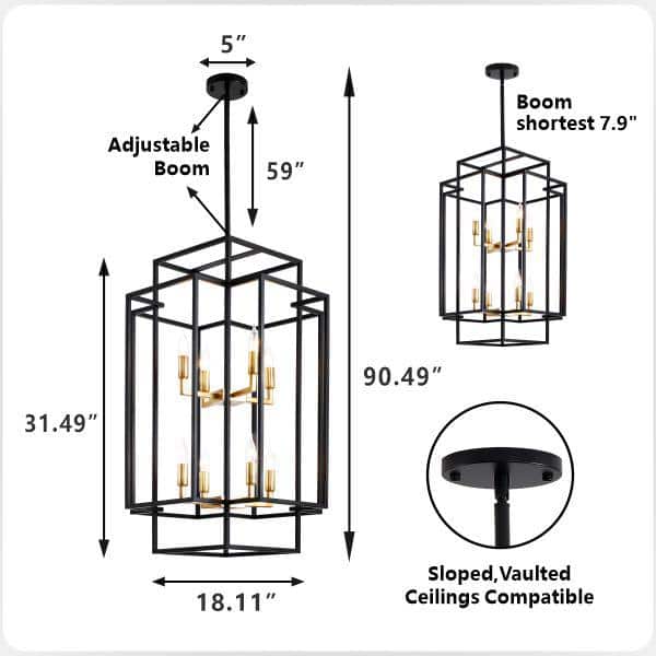 8-Light Black and Gold Industrial Lantern Chandelier