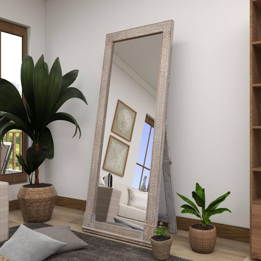 White Intricately Carved Wood Framed Full Length Mirror, 31" x 78"