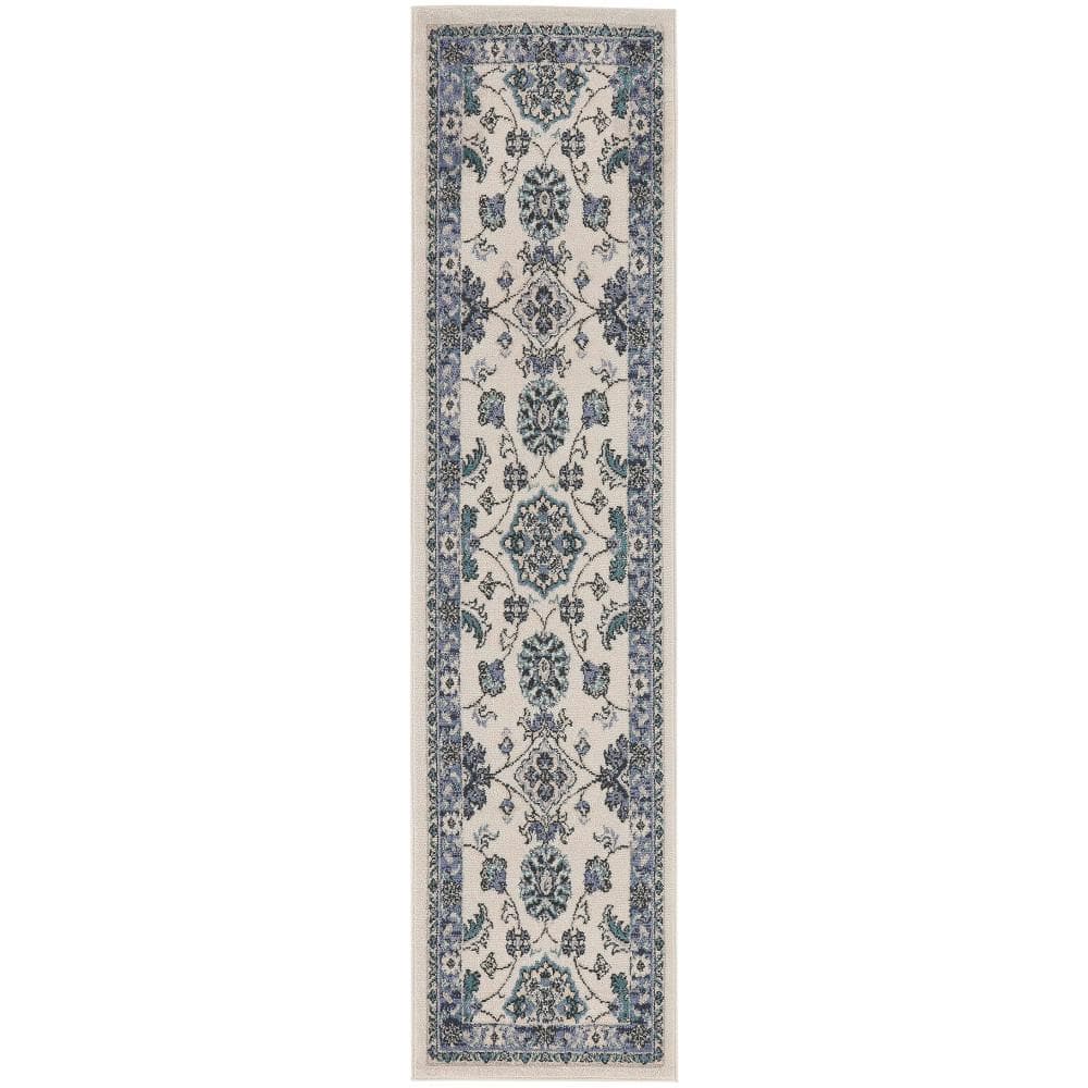 Ivory Blue Synthetic Runner Rug with Traditional Floral Pattern