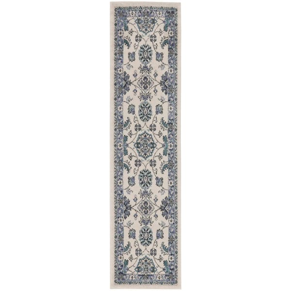 Nourison Essentials Ivory Blue 2 ft. x 6 ft. Center medallion Traditional Runner Area Rug