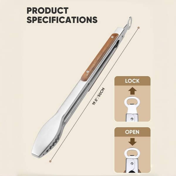 19.5 in. Extra Long Premium Stainless Steel Tongs with Solid Wood Handle for Charcoal, Grilling, BBQ, Barbecue, Cooking