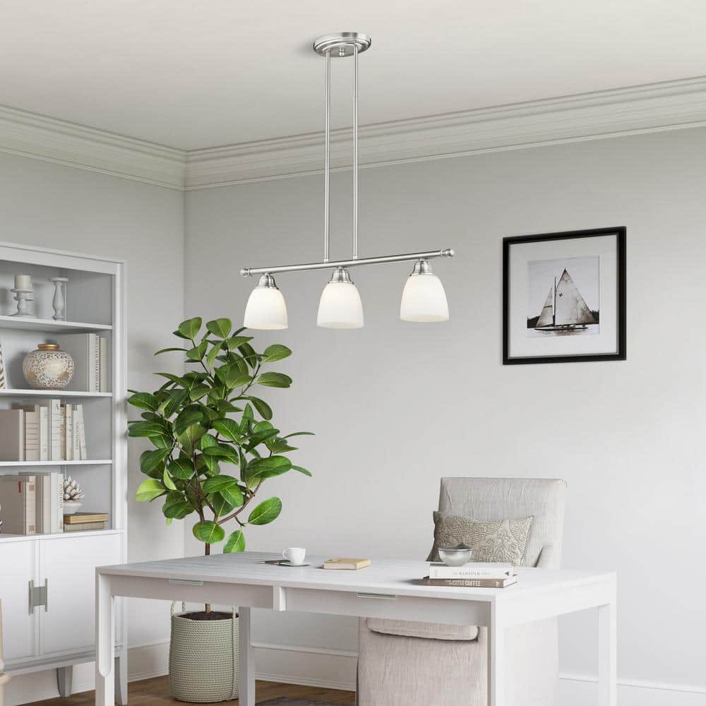Brushed Nickel Steel 3-Light Chandelier with Frosted Glass Shades
