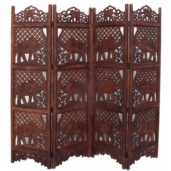 Benzara Hand Carved Elephant Design Foldable 4-Panel Brown Wooden Room Divider