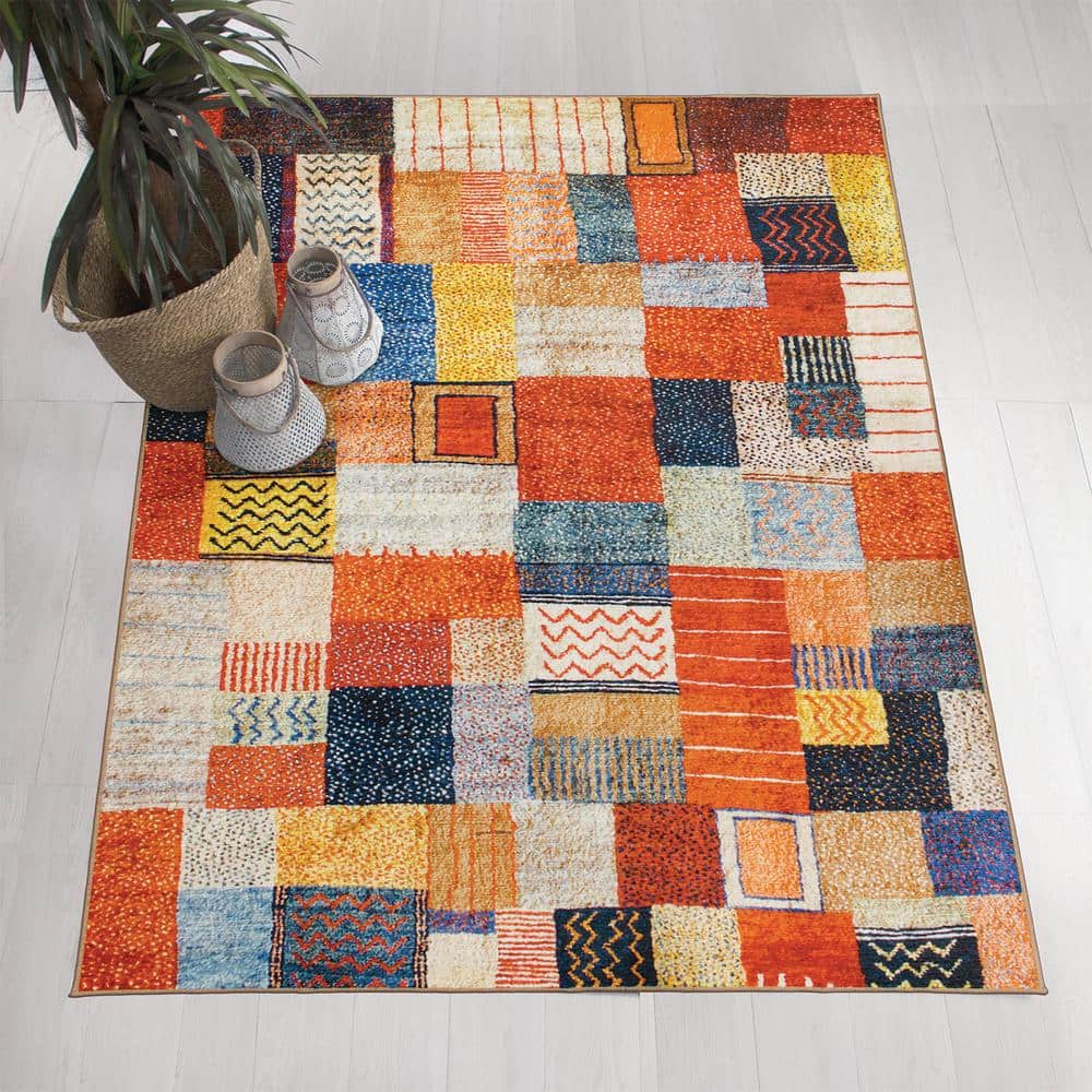 Multicolor 5' x 7' Synthetic Flat Woven Patchwork Rug