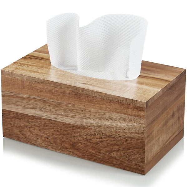 Rectangular Acacia Wood Tissue Box Holder, Decorative Facial Cube Tissue Box Cover for Tabletop Night Stands Bathroom