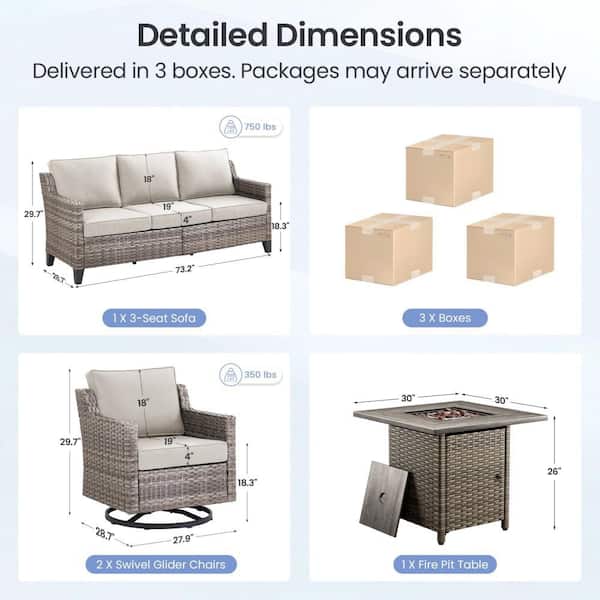 GlideRail Gray Swivel Glider Wicker Fire Pit Conversation Set with Beige Olefin 4 in. Thick Cushions/Sofa (4-Piece)