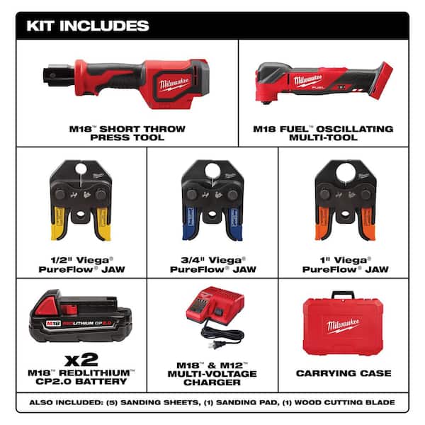 M18 18V Lithium-Ion Cordless Short Throw PEX Press Tool Kit w/M18 FUEL 18V Brushless Oscillating Multi-Tool